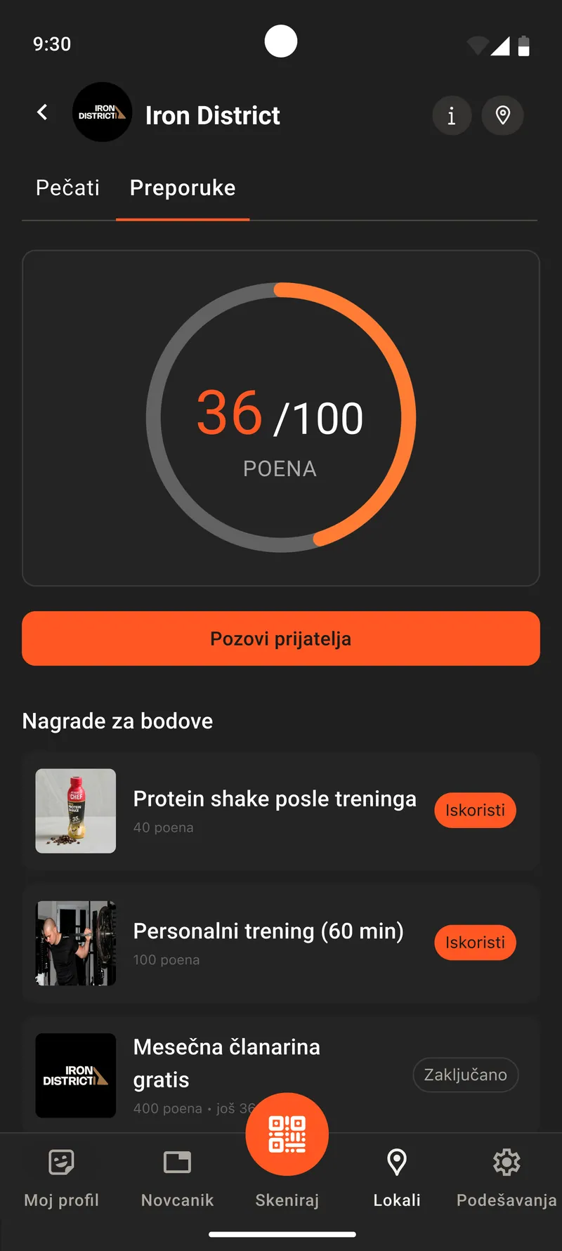 Ekran aplikacije sa poenima za preporuke i nagradama za poene